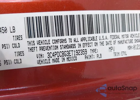 2014 Dodge Journey Sxt из США, поврежденный, VIN 3C4PDCBG3ET192359